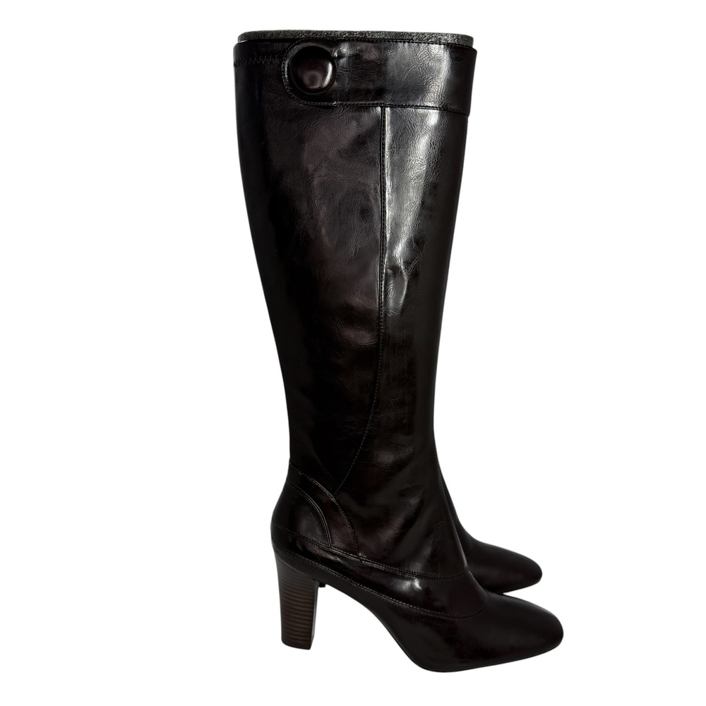 Franco Sarto L-Heights Dark Brown Glossy Tall Stacked Heel Boots 10M NIB